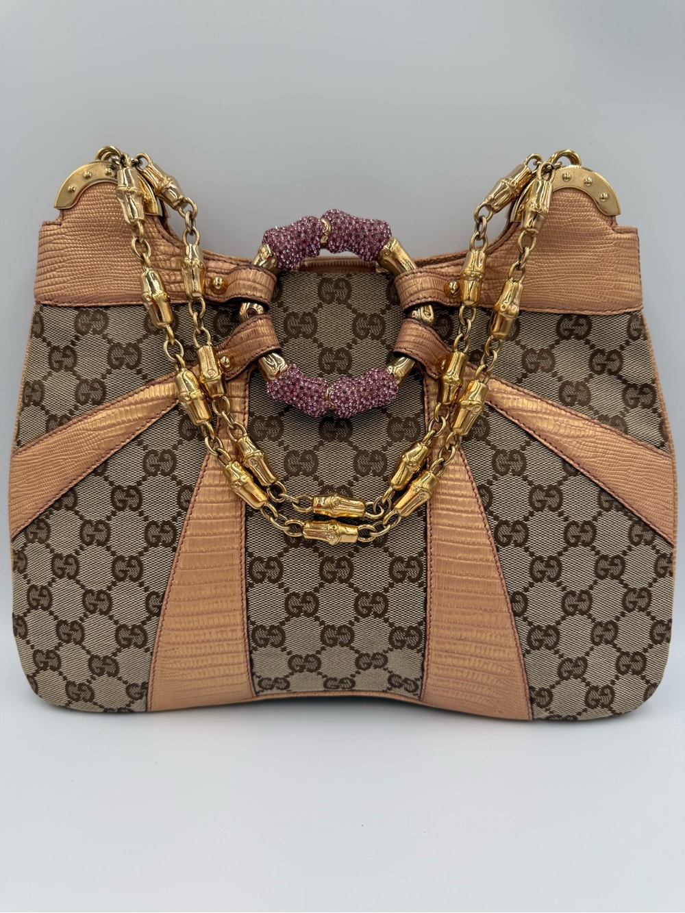Gucci Tom Ford GG Canvas Shoulder Bag with Lizard Leather Trim and Gold Chains